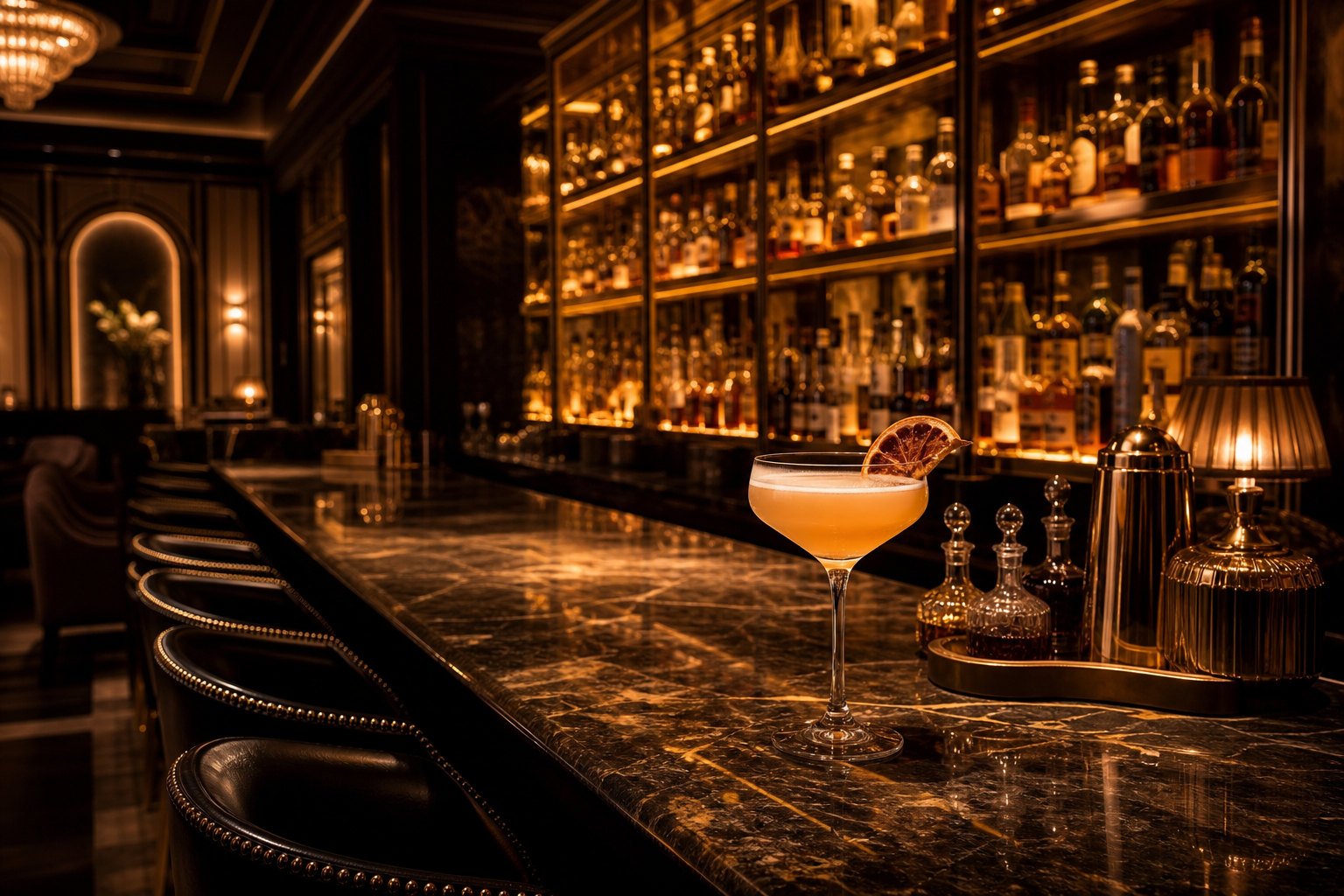 Sophisticated cocktail bar with backlit amber spirit shelves and a crafted cocktail
