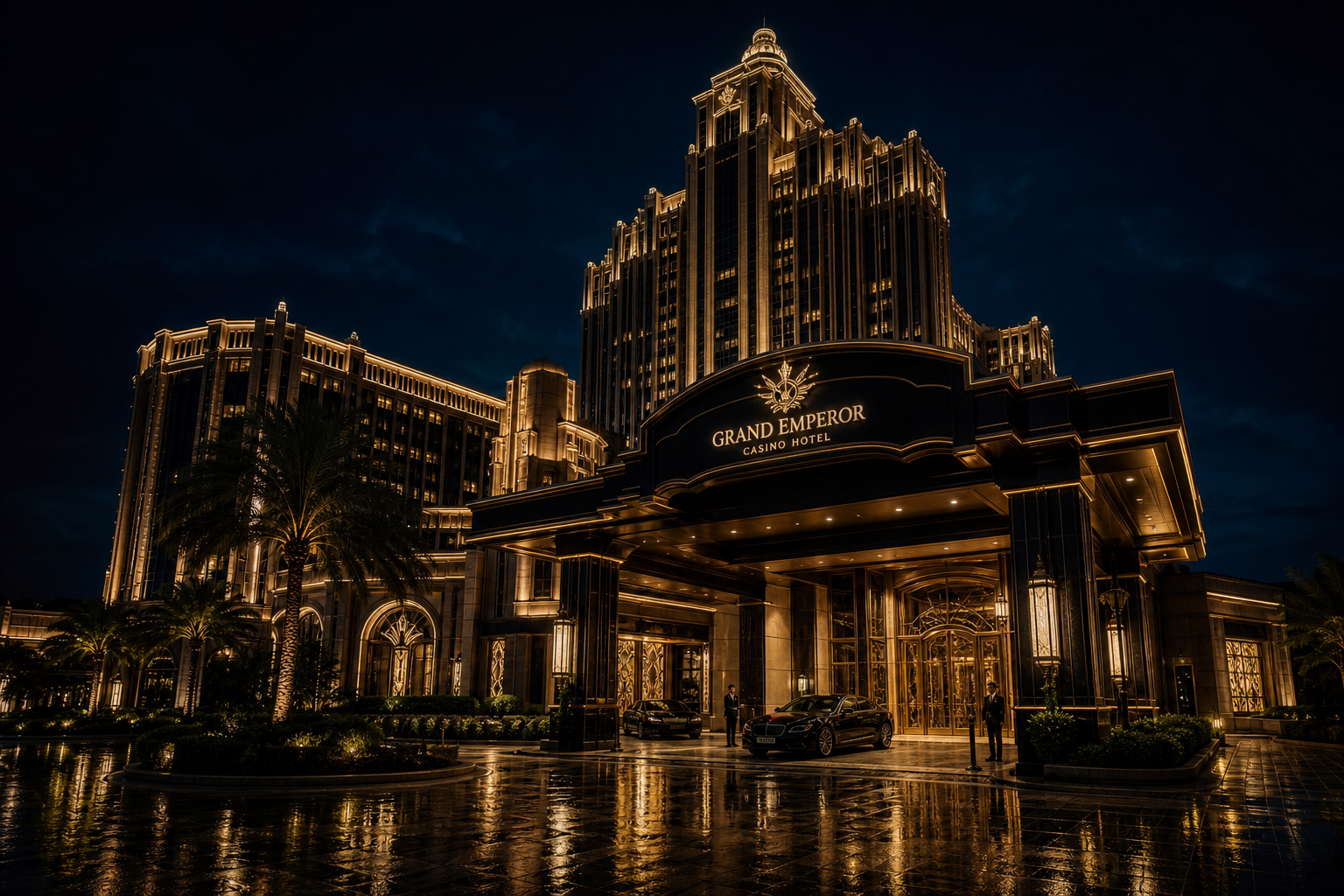 Sharesprize illuminated at night with a grand art-deco facade and golden lights