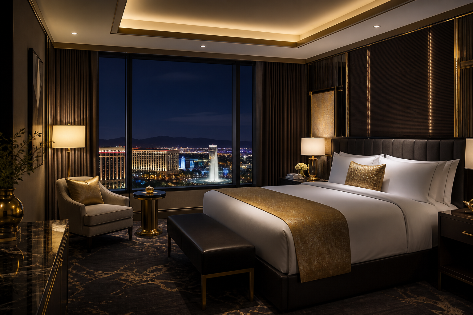 Deluxe king room with plush bedding, warm lighting and a city night view at Sharesprize